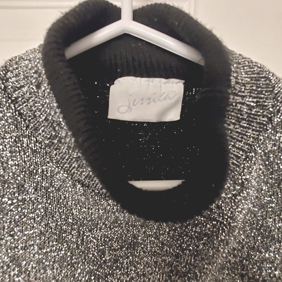 JESSICA KNIT SWEATER SCOOP NECK BLACK SILVER METALLIC WOMENS VINTAGE - Picture 3 of 4